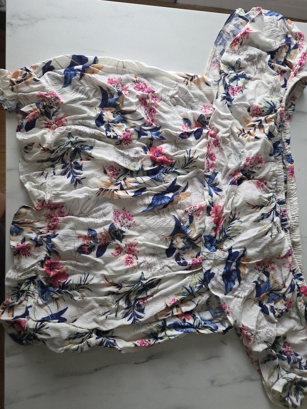 American Eagle Outfitters White Off-Shoulder Tunic with Pink & Blue Floral Print